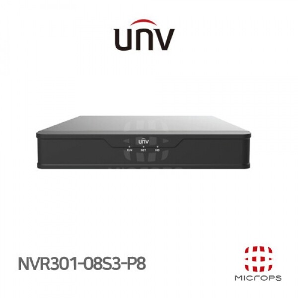 파이버마트,CCTV > 유니뷰 > IP network NVR,[유니뷰] NVR301-08S3-P8 [8CH],8채널 NVR, Ultra 265/H.265/H.264, 최대 8MP(4K) 녹화 및 4K 모니터 출력 지원 HDMI/VGA 영상 동시 출력, 8포트 PoE지원(IEEE 802.3at, IEEE 802.3af) SATA HDD 1포트(최대6TB), 2 x USB2.0, 1000Mbps이더넷, DC52V아딥터
