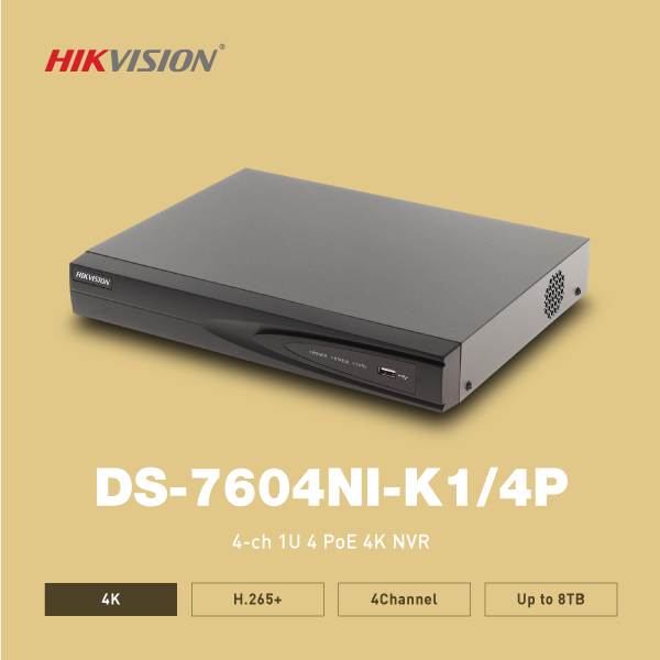 파이버마트,CCTV > 하이크비전 > IP network NVR > 16/32 채널 이상,하이크비전 DS-7604NI-K1/4P (POE 지원 4CH) 200만화소 NVR,4채널 IP 네트워크 녹화기 / 4K(8MP) 해상도 / Plug & Play / PoE 단자 4개 / 1SATA / 최대 8TB HDD 지원 / USB 단자 2개 / 48V DC