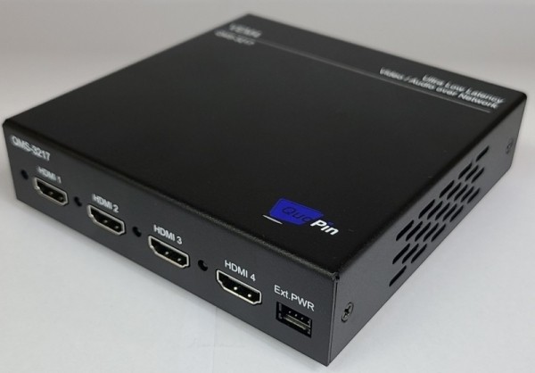 파이버마트,통신장비 > QuoPin > HDMI IP Extender,[폴리-V4 4채널 송신기] QMS-3217T 비디오/오디오의 인터넷/5G/LTE 초저지연 송신기,비디오/오디오를 인터넷, 5G/LTE 네트워크로 초저지연 전송하는 제품입니다. 로봇, 드론, 중장비, 리모트카 (RC) 등의 원격 조종 영상 전송, 이동차량 영상 실시간 전송 등에 사용합니다. 글로벌 수준의 초저지연 성능을 갖는 영상 네트워크 구성 장치입니다. 국내 기술로 개발 생산되었습니다.